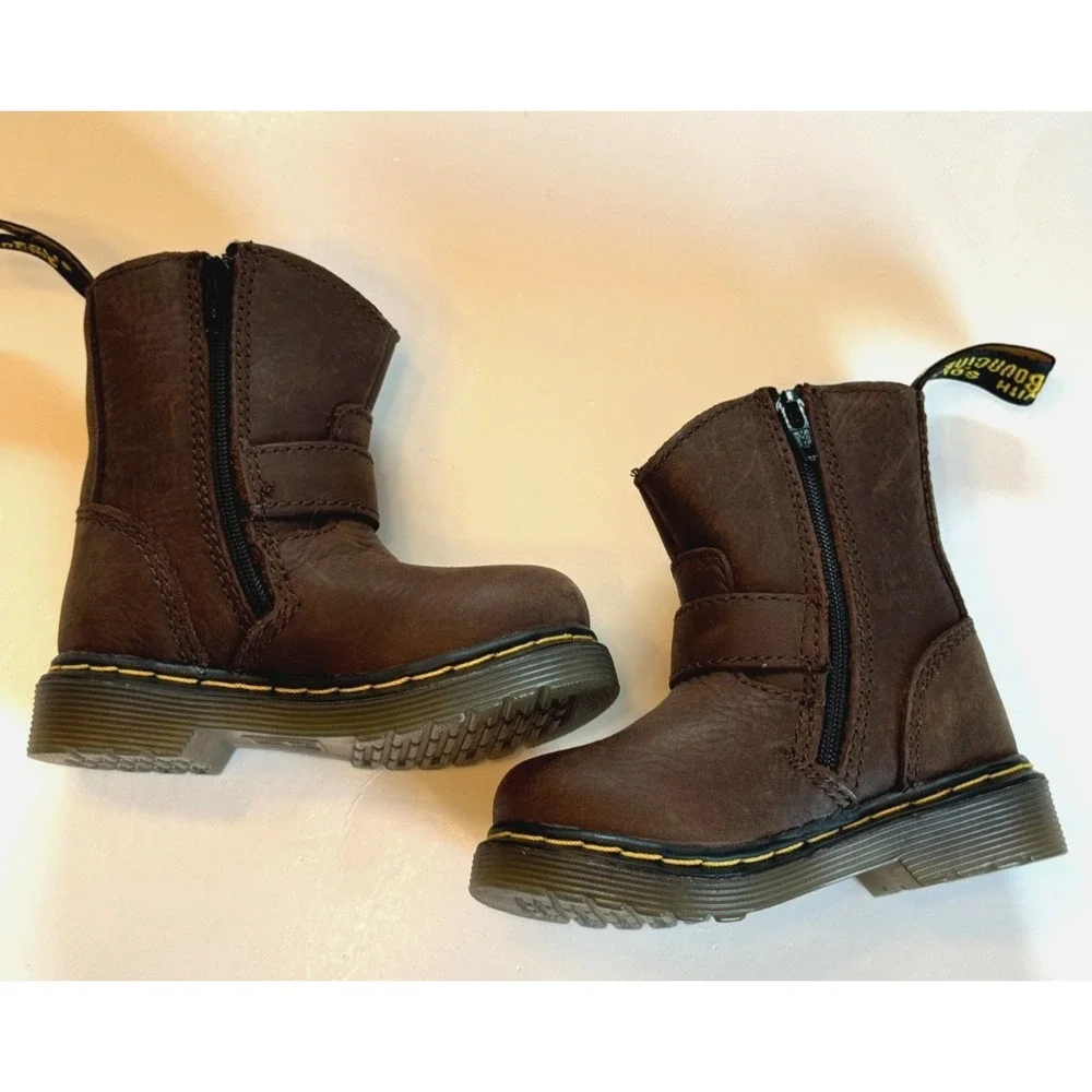 Dr. Martens Doc Jiffy Boots Brown Leather Zipper Buckles Toddler Baby Size 4